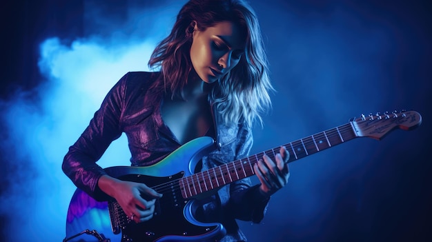 Jovem músico feminino tocando guitarra em um concerto de rock