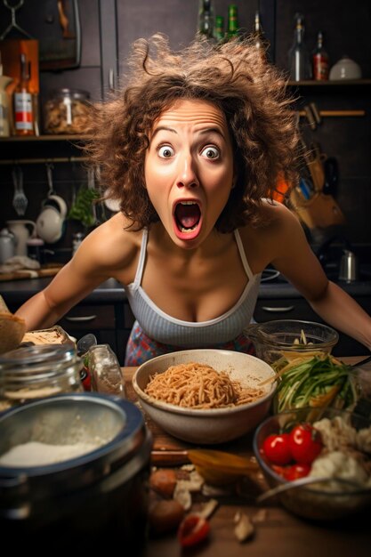 Foto jovem na cozinha horrorizada e histérica