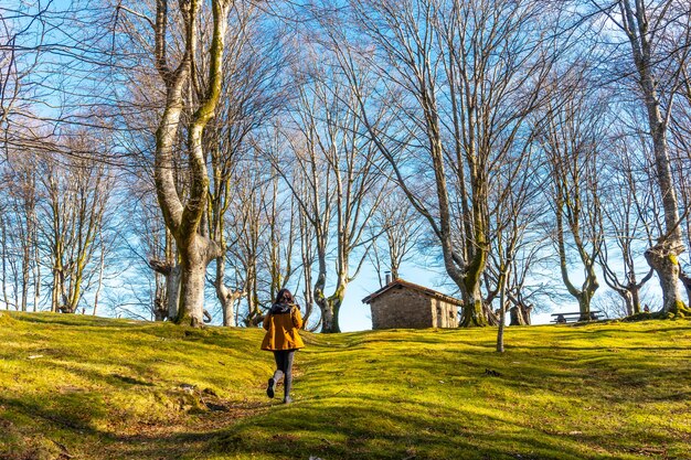 Jovem na trilha de caminhada na floresta de faias de Oianleku e a casa de refúgio ao fundo, na cidade de Oiartzun, Gipuzkoa. País Basco. Espanha