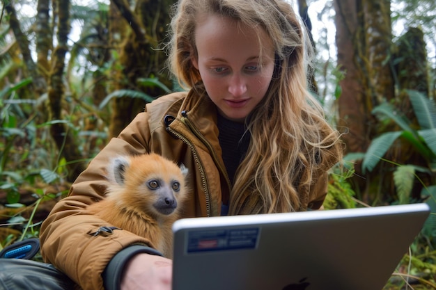 Foto jovem naturalista feminina usando laptop na floresta tropical com lémur ameaçado de extinção em braço de conservação