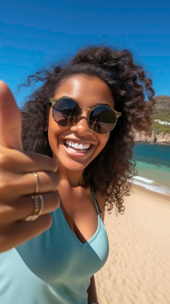 Jovem negra americana na praia sorrindo em um dia ensolarado, olhando para a câmera