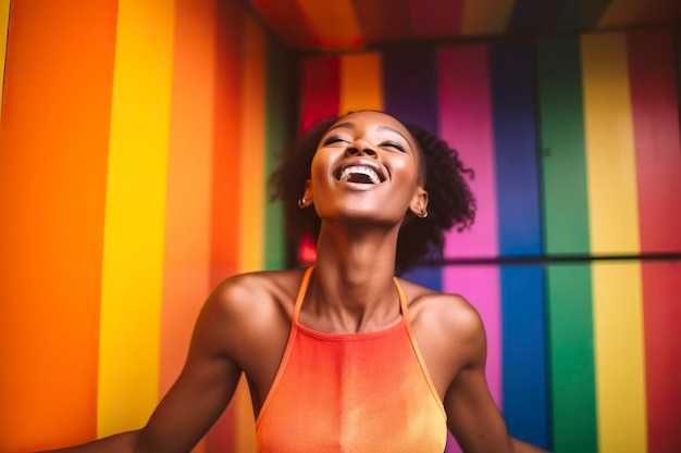 Jovem negra dançando em uma caixa de festa iluminada colorida Ai gerada