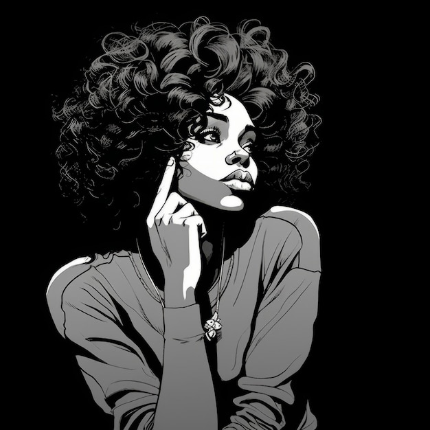 Jovem negra em pensamento e dúvidas ilustração monocromática Personagem feminina hipster com rosto sonhador em fundo abstrato Ai gerou cartaz desenhado em preto e branco