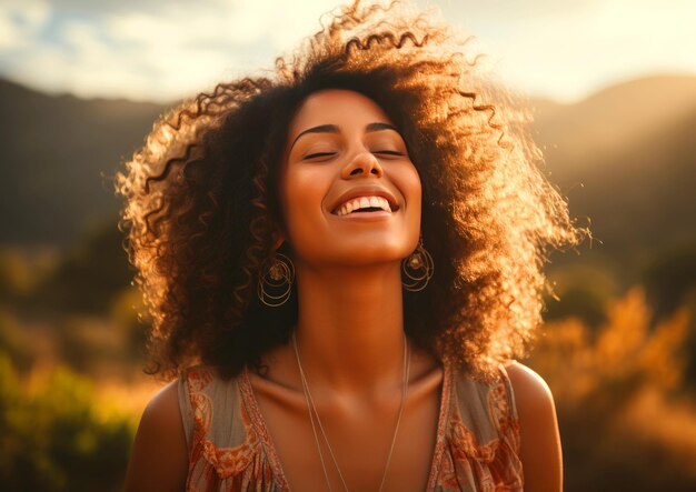 Foto jovem negra feliz desfrutando da natureza em um campo sob os raios do sol conceito de felicidade calma e liberdade