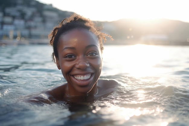 Jovem negra nadando no mar sorrindo de perto