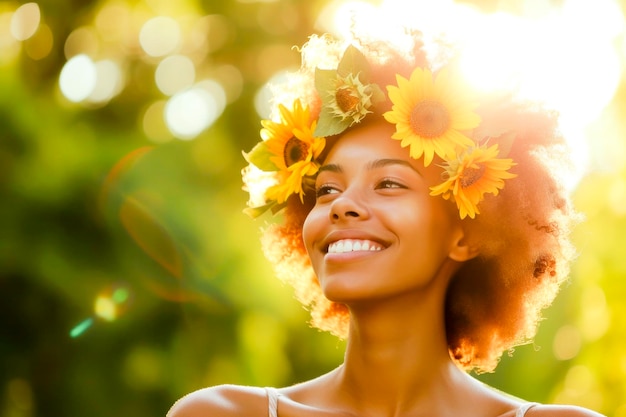 Foto jovem negra sorridente em um dia ensolarado com um grande penteado afro loiro dourado com girassol no cabelo