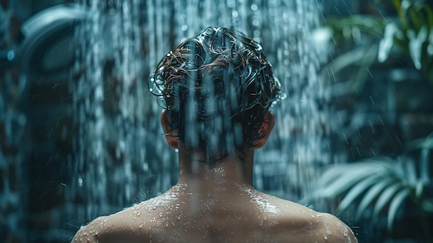Jovem no chuveiro lavando a cabeça com shampoo e água