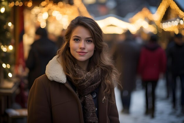 Jovem no mercado de natal com clima de inverno aproveita o clima de férias