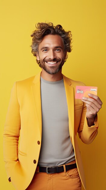 Foto jovem ocidental mostrando seu cartão de crédito feliz