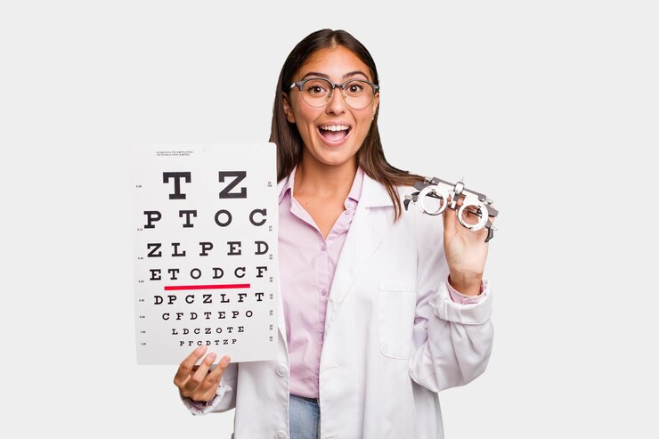 Foto jovem oculista caucasiana segurando um teste de optometria e óculos isolados