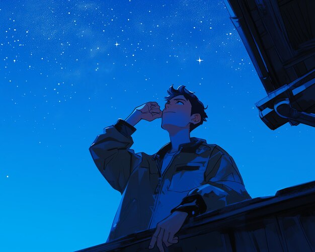 Jovem olhando para as estrelas na varanda de animação Ilustração de estrelas no céu noturno