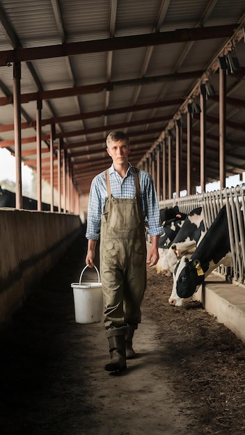 Jovem ou fazendeiro com um balde caminhando ao longo de um celeiro e vacas em uma fazenda leiteira