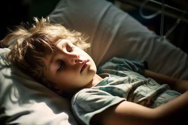 jovem paciente menino deitado na cama do hospital