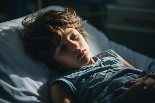 jovem paciente menino deitado na cama do hospital