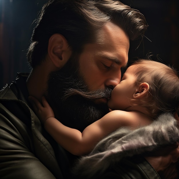 Jovem pai beijando sua filha pequena em um quarto escuro conceito de paternidade