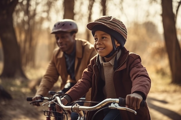 Jovem pai com seu filho andando de bicicleta no parque Ilustração de IA generativa