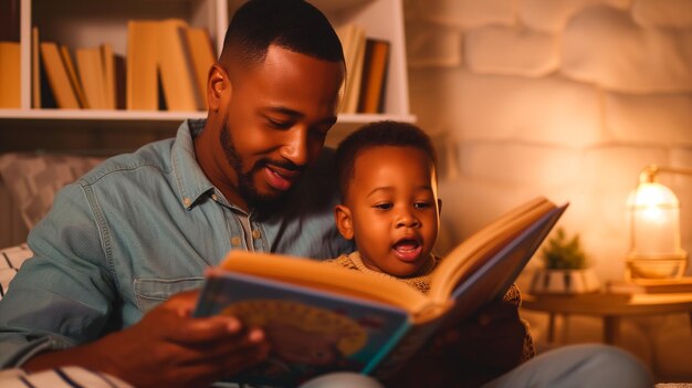 Jovem pai lendo um livro para seu filho à noite no quarto com luz quente Dia Mundial do Livro