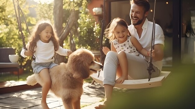 Jovem pai solteiro passando tempo com seus filhos ao ar livre conceito de família monoparental