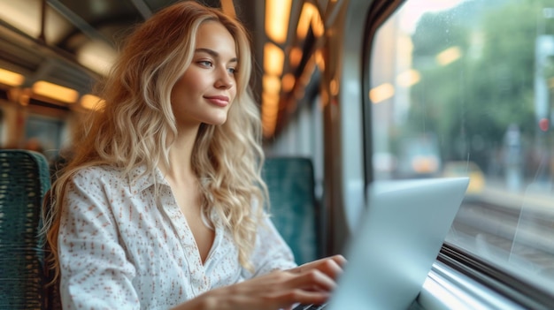 Jovem passageira no trem usando laptop em estilo moderno