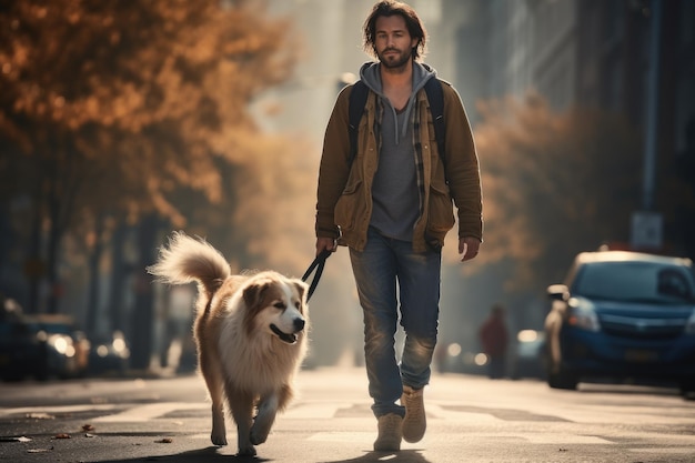 jovem passeando com cachorro na cidade no outono dia depois da chuva AI Generated