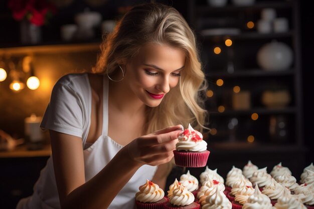 Foto jovem pasteleira encantadora decora cupcakes com creme batido em casa