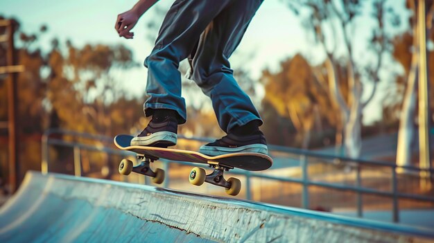 Jovem patinador anda em uma rampa de concreto Ele está vestindo jeans azuis e tênis pretos O skate está no ar O fundo é borrado