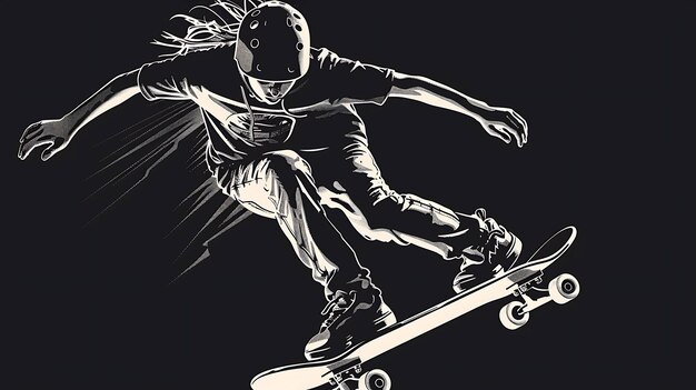 Foto jovem patinador pulando no ar fazendo um ollie ilustração vetorial em preto e branco