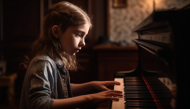 Jovem pianista tocando com concentração e prazer gerados pela IA