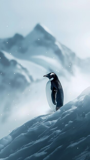 Foto jovem pinguim-imperador no terreno gelado