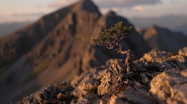 Foto jovem pinheiro crescendo em uma paisagem de montanha rochosa bandeira do dia da terra