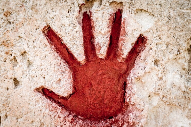 Foto jovem pintado à mão em vermelho sobre pedra - elemento gráfico gótico