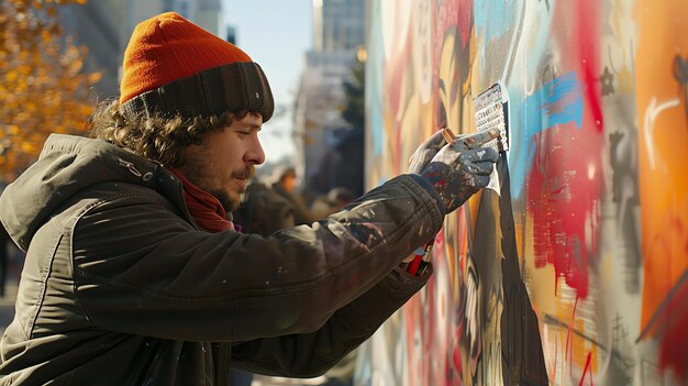 Jovem pintando em spray em uma parede colorida com graffiti Ele está vestindo um boné e um casaco O fundo é borrado