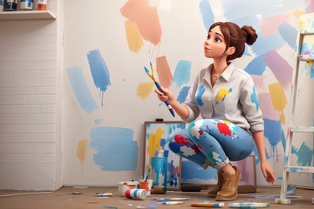 Foto jovem pintando um quadro em seu estúdio de arte ela está sentada no chão