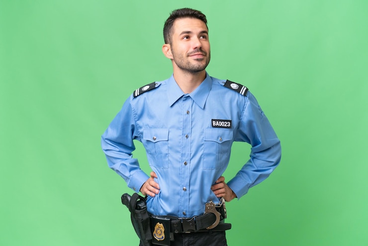 Foto jovem policial caucasiano sobre fundo isolado posando com os braços no quadril e sorrindo