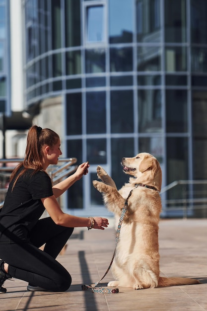 Jovem positiva se diverte e faz truques com seu cachorro quando caminha ao ar livre perto do prédio comercial