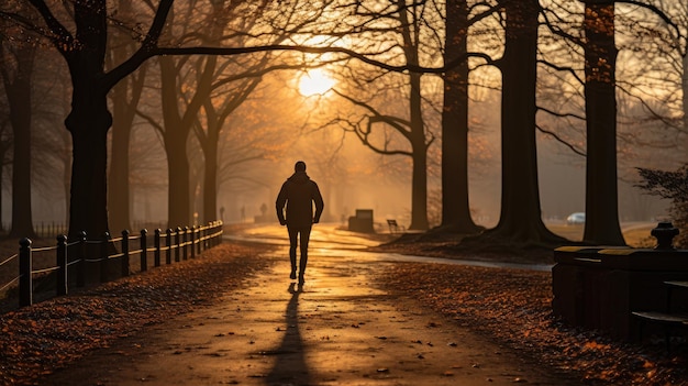 Jovem praticando esportes no parque em direção ao pôr do sol