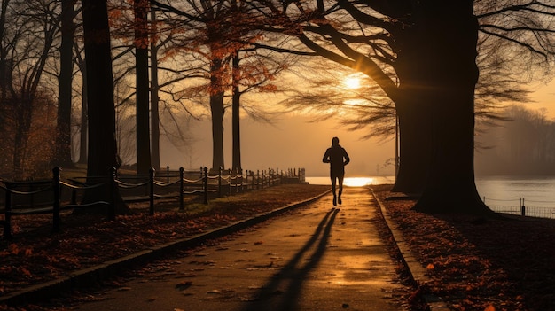 Foto jovem praticando esportes no parque em direção ao pôr do sol