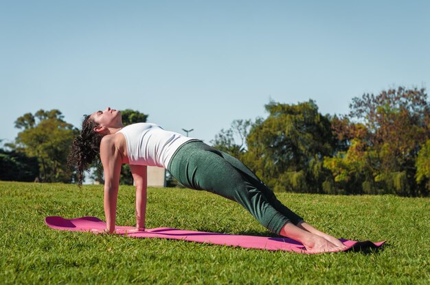 jovem praticando ioga fazendo pose de prancha em um parque