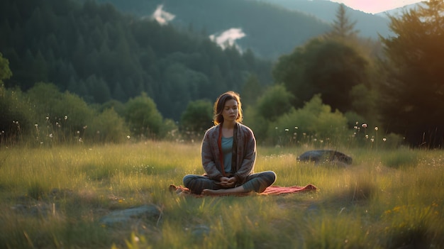 Jovem praticando Yoga na natureza meditação amor Generative AI