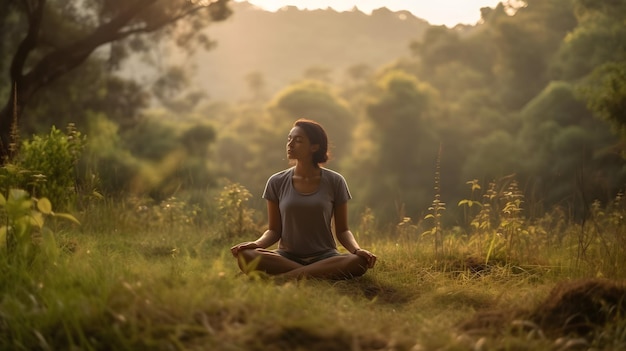 Jovem praticando Yoga na natureza meditação amor Generative AI