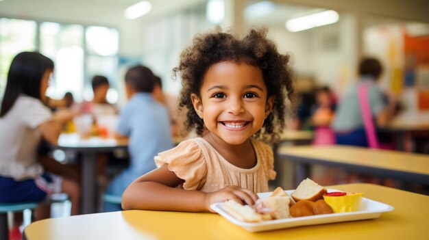 Foto jovem pré-escolar sentada na cafeteria da escola a almoçar