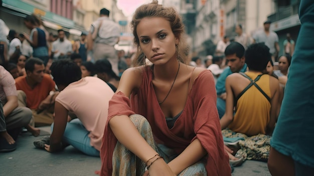 Jovem preocupada durante protesto no meio da rua pelas mudanças climáticas