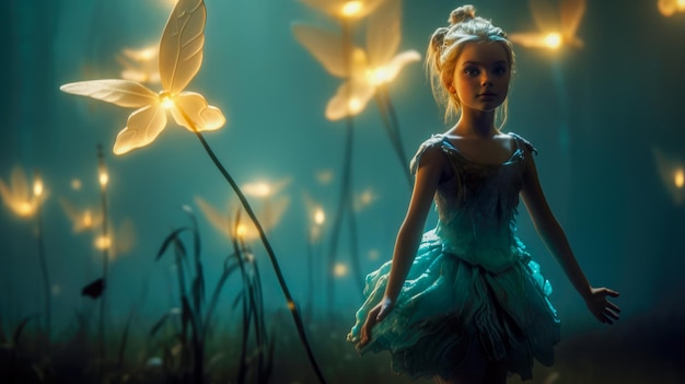 Foto jovem princesa em uma floresta mágica com design de personagens de fantasia de flores brilhantes