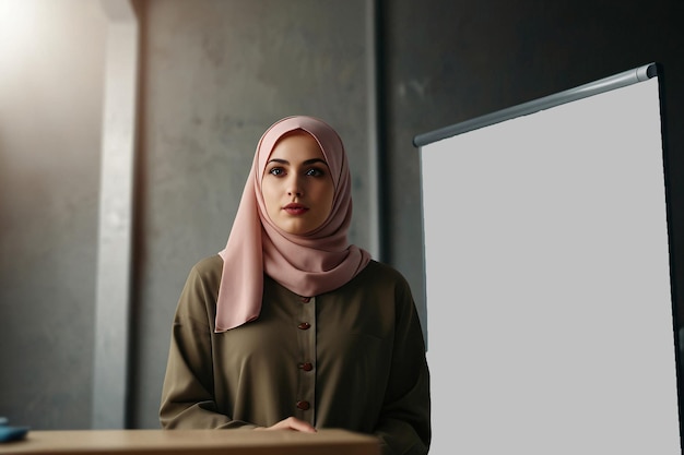 Jovem professor sério de álgebra em hijab de pé ao lado do quadro branco