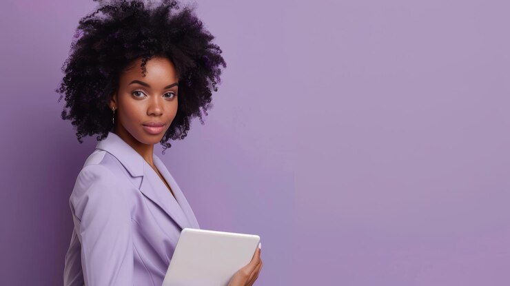 Jovem profissional afro-americana segurando um tablet com fundo roxo