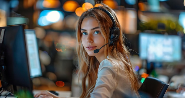 Jovem profissional com fones de ouvido a trabalhar no suporte ao cliente