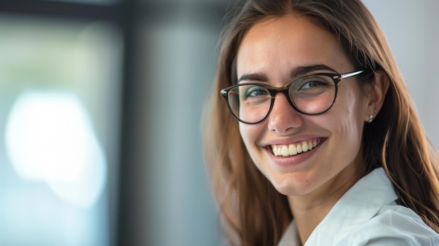 Jovem profissional confiante sorrindo com óculos no escritório