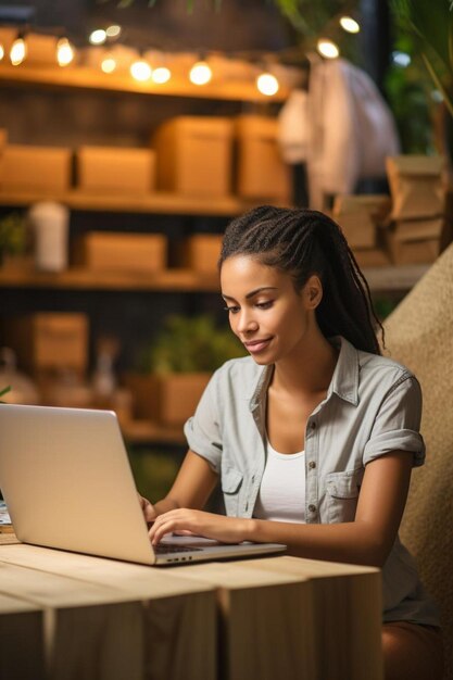 jovem proprietária de uma loja de cerâmica usando um laptop enquanto trabalhava em sua loja empresária mulher gerenciando