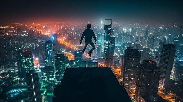 jovem pula no telhado de um arranha-céu e olha para a visão noturna de uma grande cidade Generative AI
