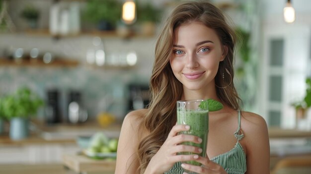 Jovem rapariga a desfrutar de um smoothie verde